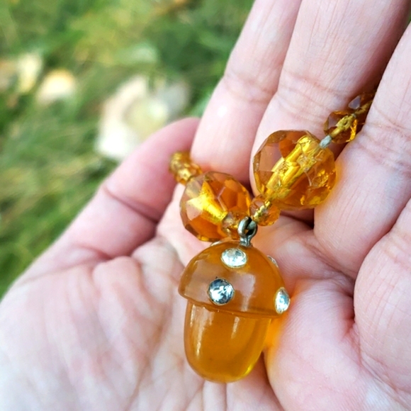 Antique Bakelite Acorn Rhiestone Pendant Necklace - Picture 9 of 13
